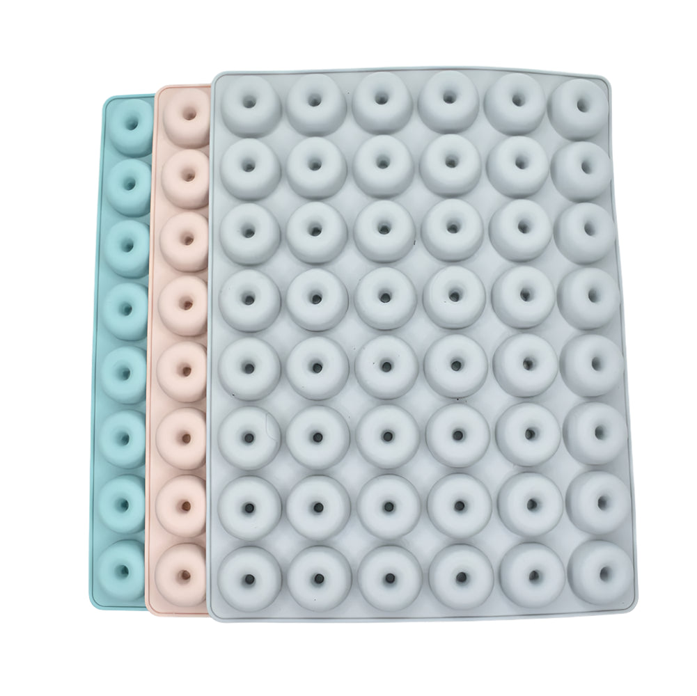 Stacked grey, pink, and blue 48 in 1 Small Donuts Chocolate Molds on a white background for clear visibility.