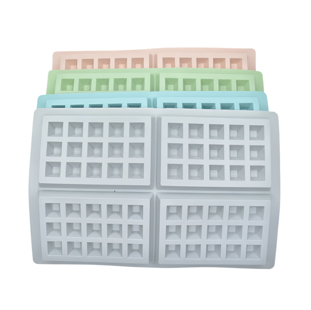 4 in 1 15 Cavity Chocolate Bar Mold in grey, blue, green, and red on white background
