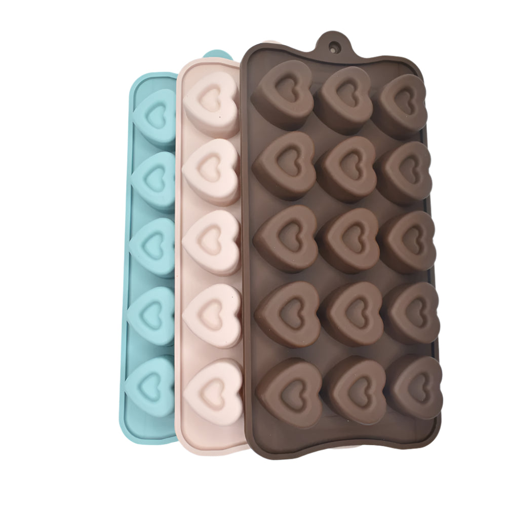 Brown, pink, and blue Big Hearts Chocolate Molds stacked on a white background for a clear view of their large heart-shaped cavities.