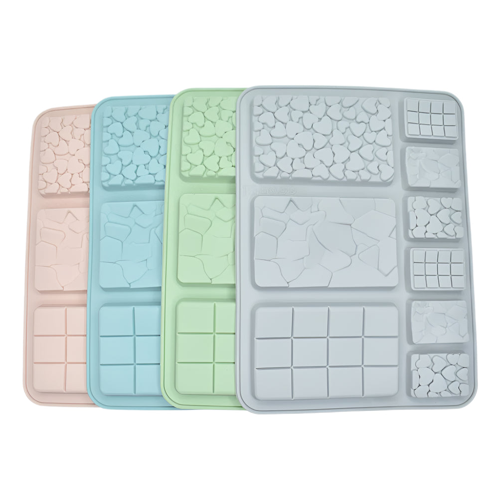 Gray, green, blue, and pink Hearts Chocolate Bar & Different Sizes Chocolate Molds on a white background, showcasing versatile chocolate molds for various heart-shaped treats.