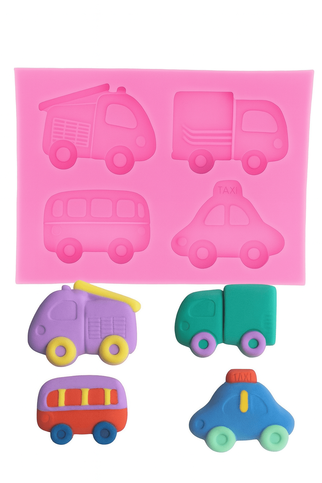 Silicone fondant mold with toy car shapes on a white background