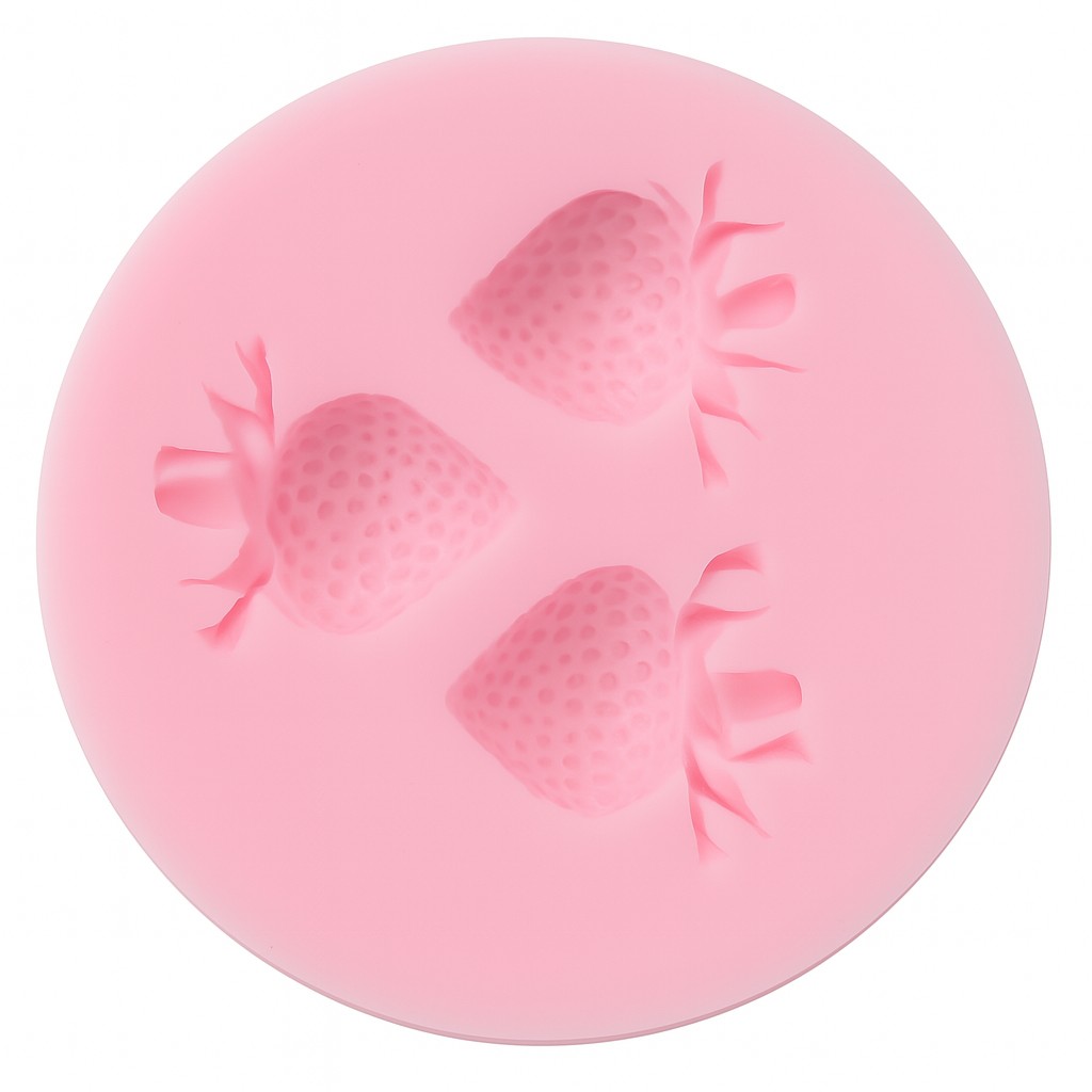 Pink silicone mold with strawberry shapes on a white background