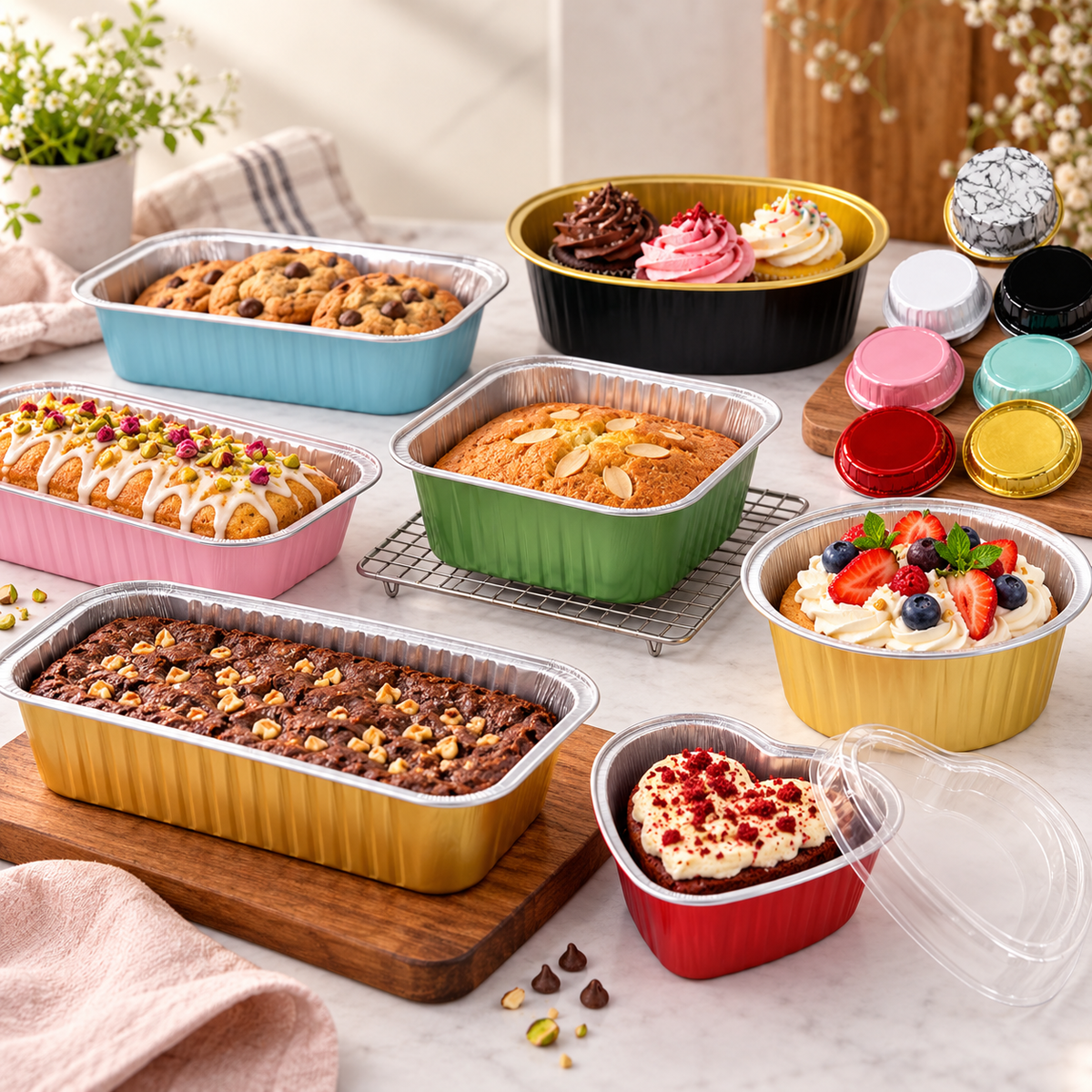 Colorful foil baking containers with homemade brownies, loaf cakes, cookies, cupcakes, and desserts, showcasing disposable aluminium foil containers with lids for baking, food storage, takeaway packaging, gifting, and bakery presentation.