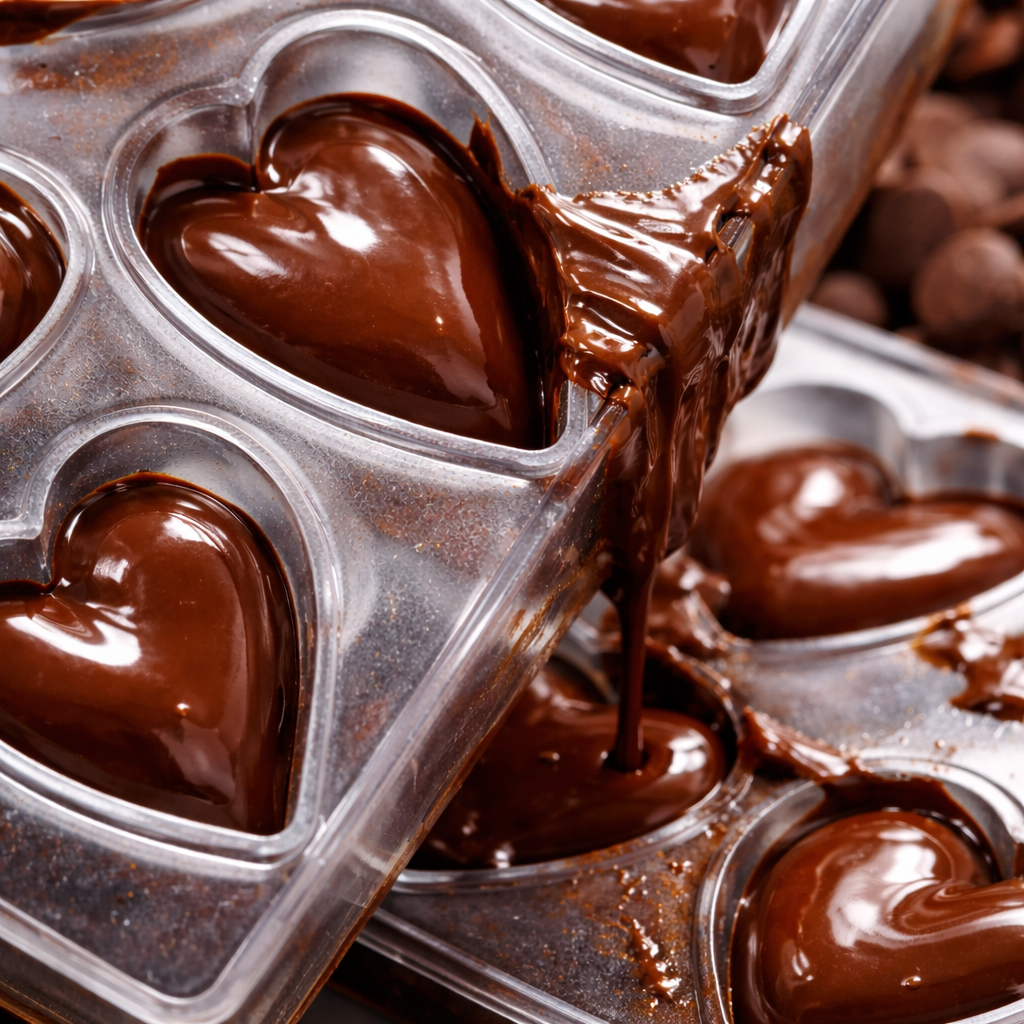 Chocolate stuck in plastic heart-shaped molds with glossy melted chocolate dripping — close-up baking process showing tempering issues and chocolate release problems for candy and dessert making