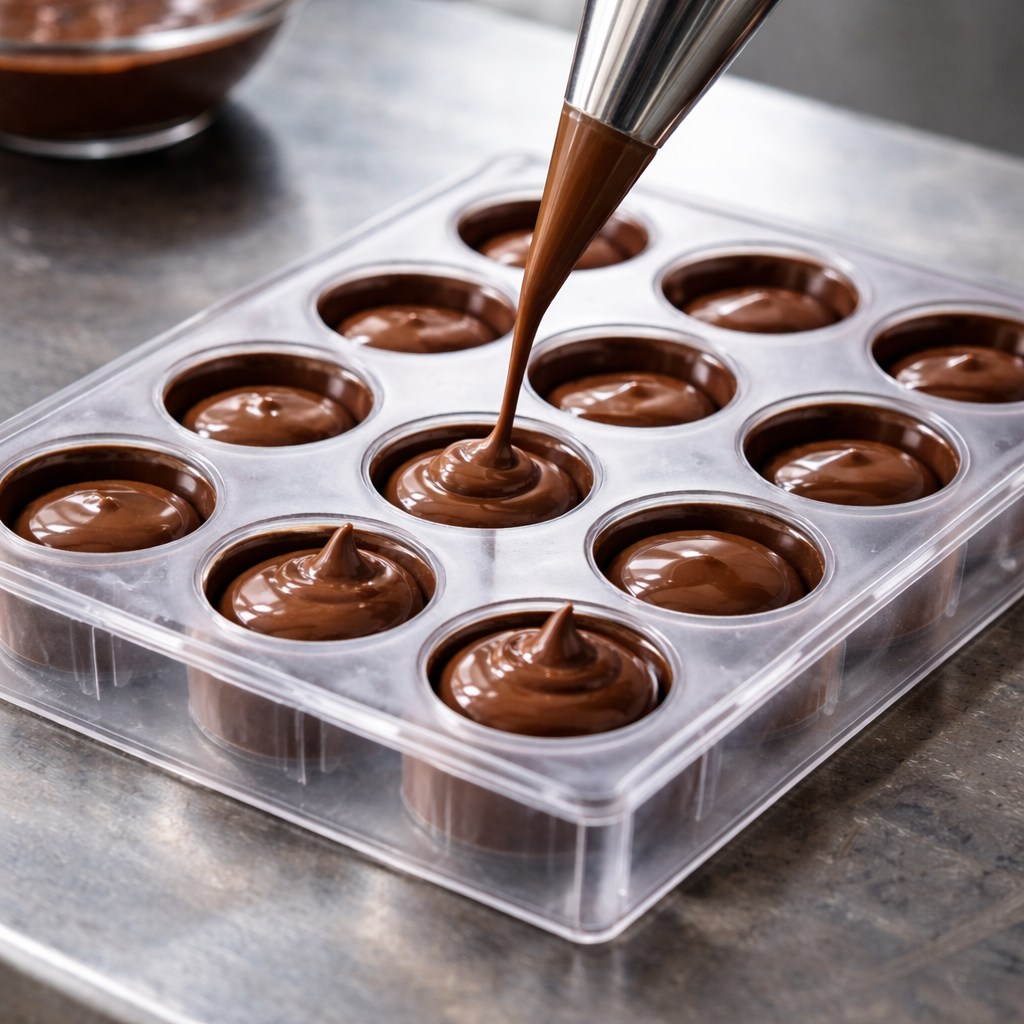 Melted chocolate being piped into a clear round cavity chocolate mold on a metal countertop for homemade chocolate making and candy production.