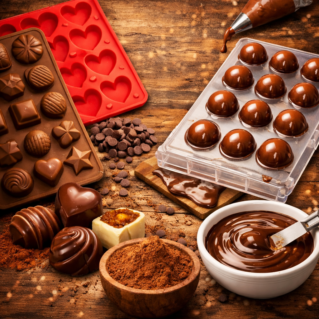 Chocolate molds buying guide thumbnail showing silicone and plastic chocolate molds filled with assorted shaped chocolates, bowl of melted chocolate, cocoa powder, chocolate chips and homemade chocolates on a brown background