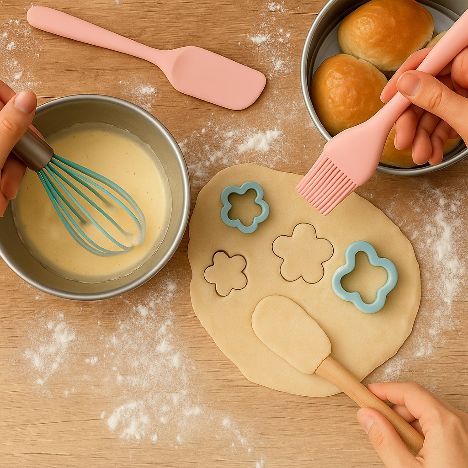 Baking tools neatly arranged on a plate with a dark background – essential tools for baking cakes, cookies, and pastries.