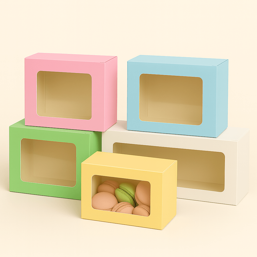 Pastel-colored cake boxes with clear windows for cakes and desserts – durable bakery packaging in pink, blue, green, yellow, and white, perfect for cake decoration and dessert storage.
