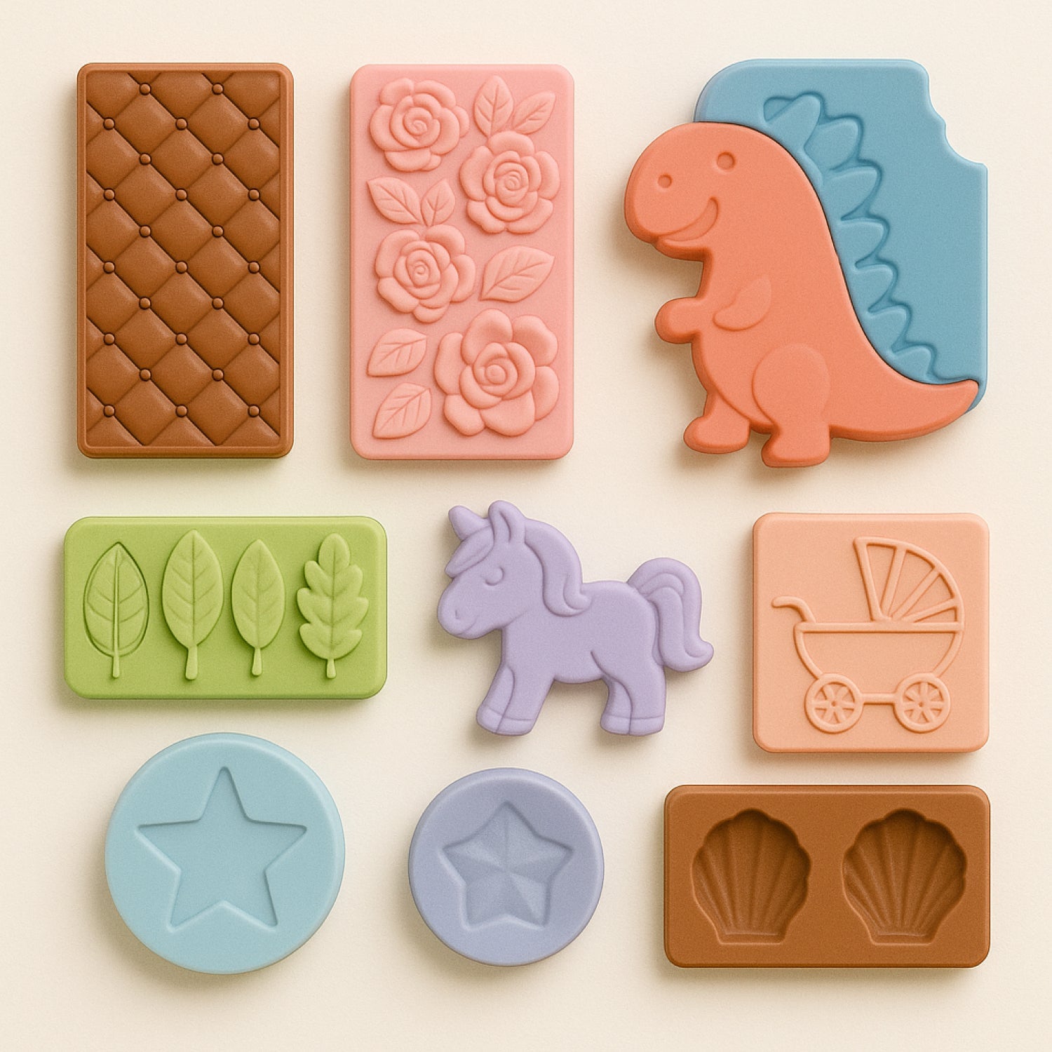 Moon, clouds, and stars fondant mould with matching fondant shapes on a white background – ideal for cake decorating and baking projects