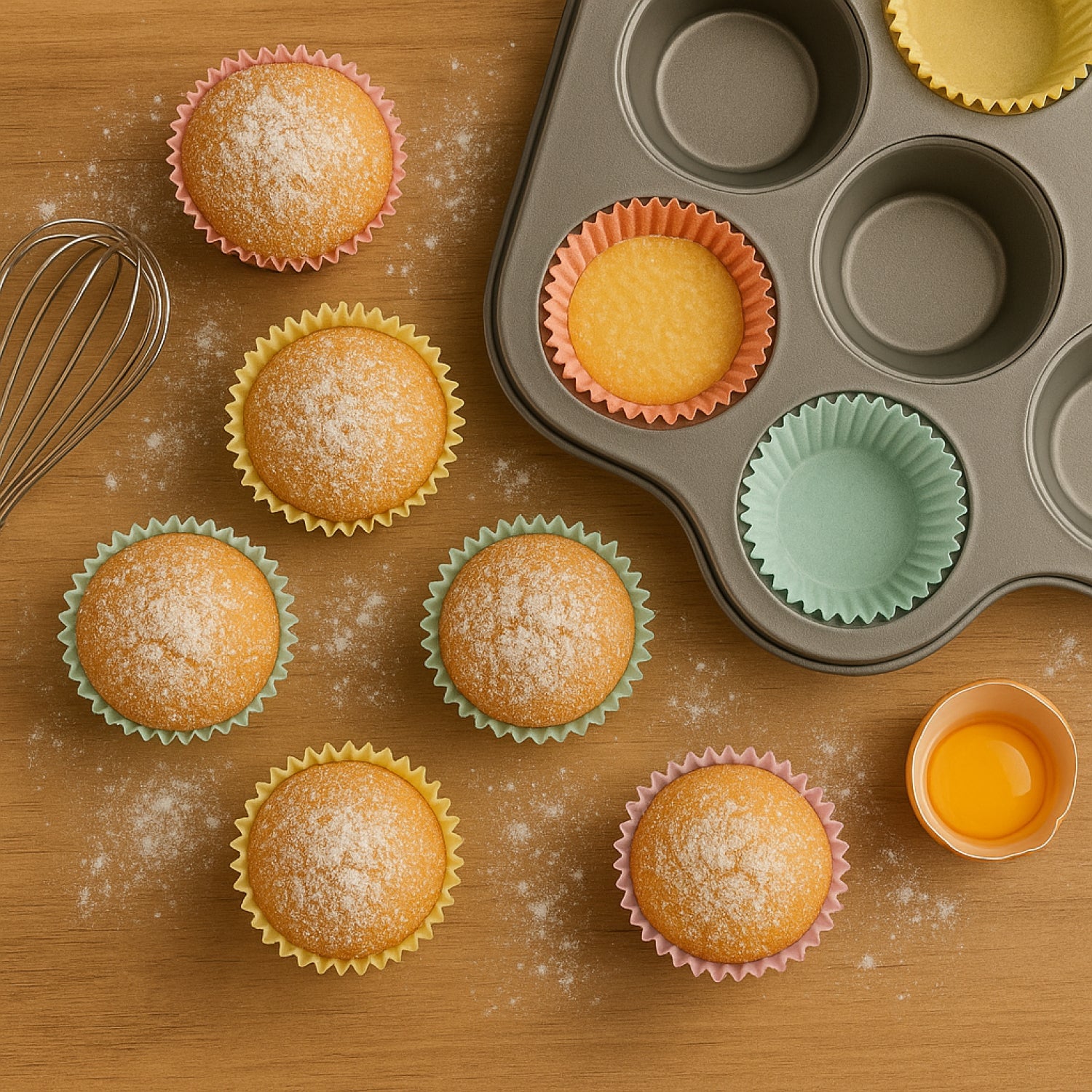 Decadent chocolate cupcakes displayed in colorful muffin cups on a brown background – perfect for baking and dessert presentation.
