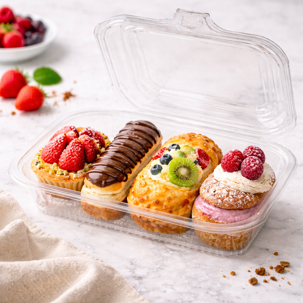 Assorted pastries in a clear plastic container on a light surface with berries in the background.