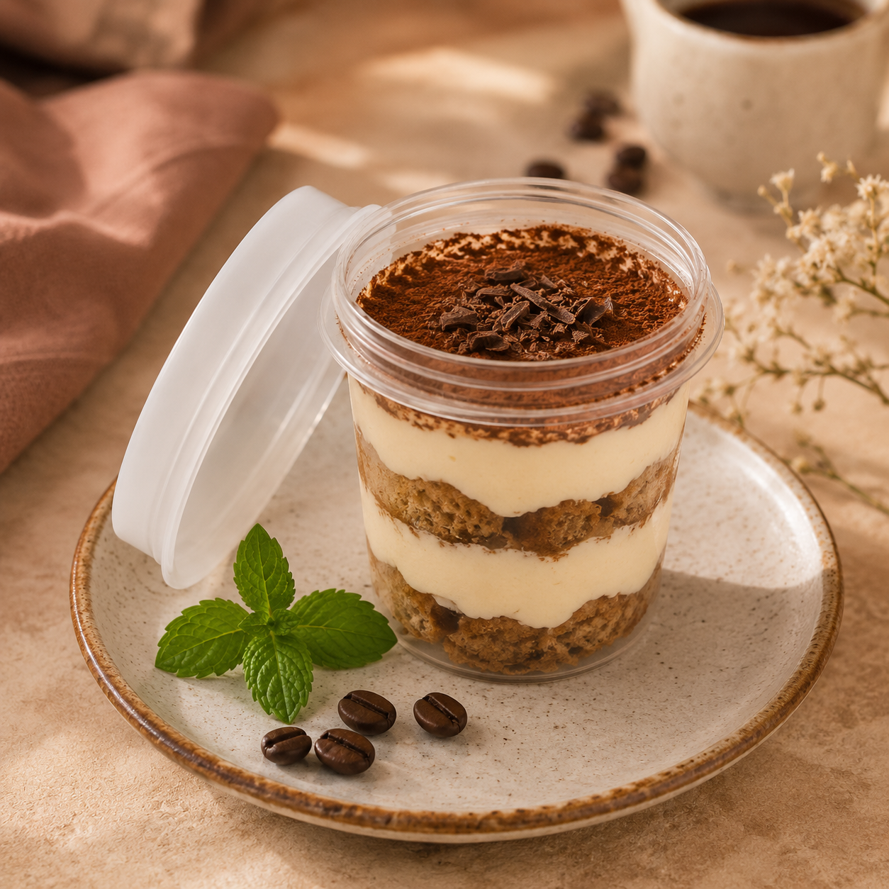 Layered dessert in a jar on a plate with coffee beans and a cup of coffee in the background.