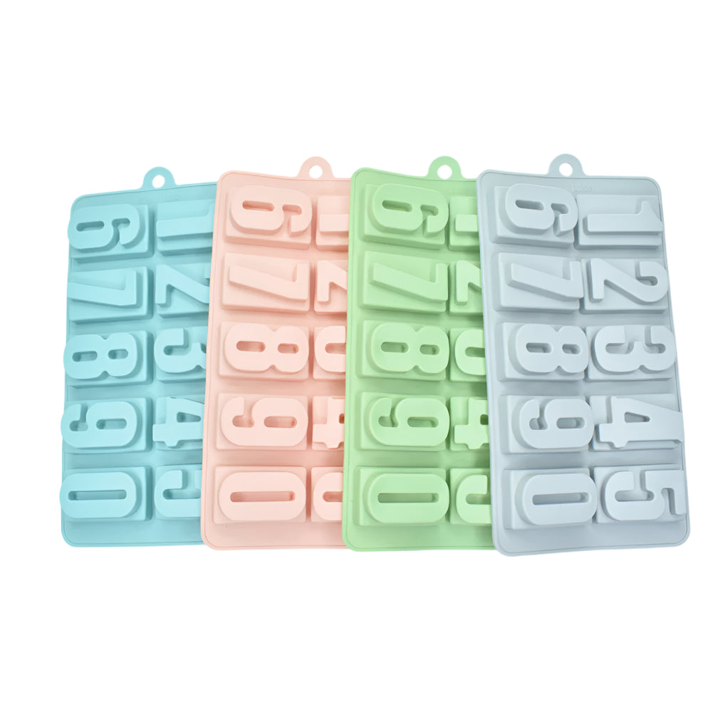 0 to 9 Big Letters Chocolate Mold in grey, green, red, and blue stacked on a white background for a clear view