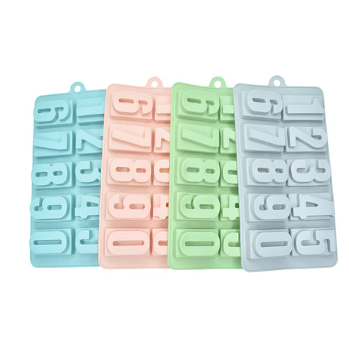 0 to 9 Big Letters Chocolate Mold in grey, green, red, and blue stacked on a white background for a clear view