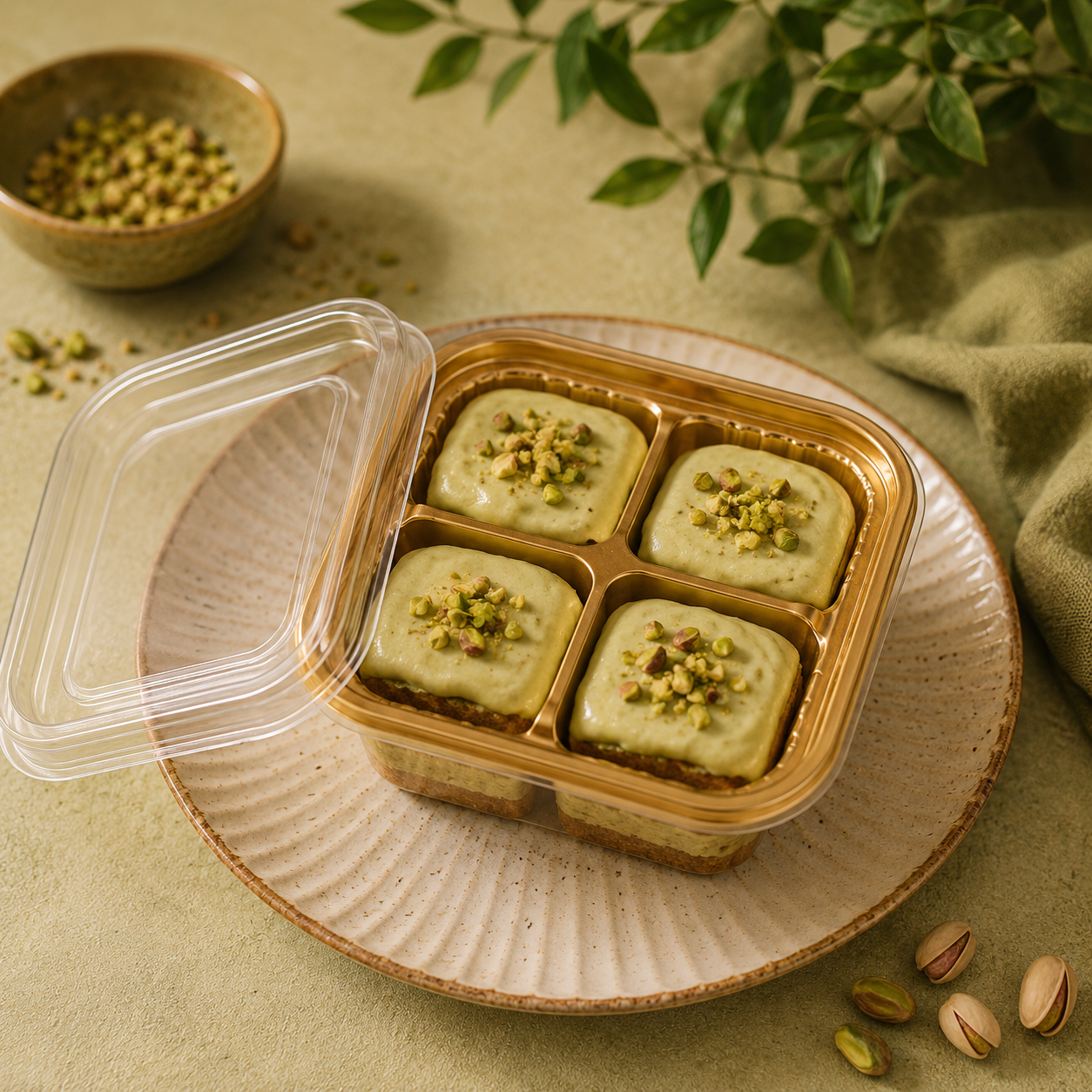 Green Pistachios cookies with pistachios in a transparent container on a beige plate with a green leafy background.