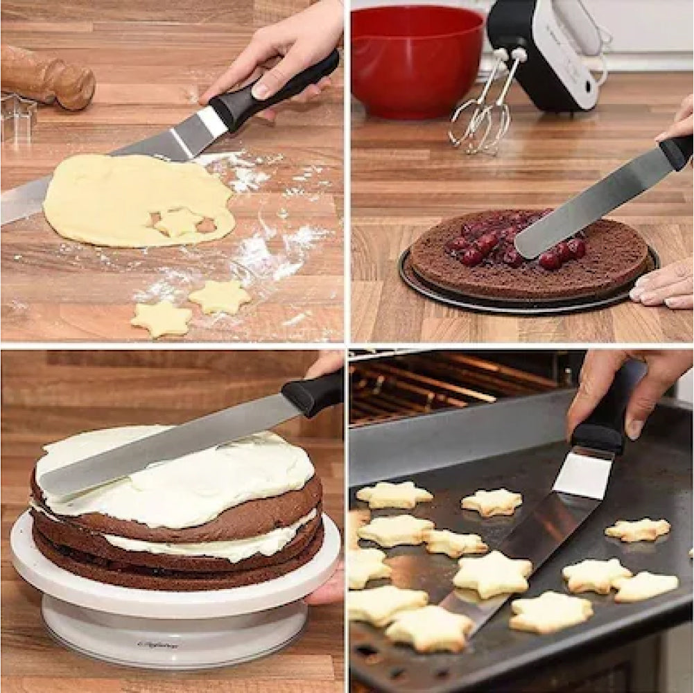 10-Inch Straight Pallet Knife in use, demonstrating its precision for smoothing icing and decorating cakes.