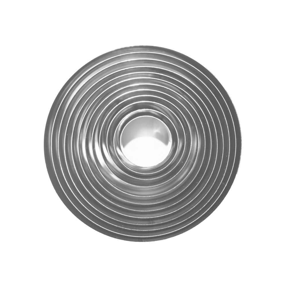 Aerial view of the 12-Piece Round Stainless Steel Cookie Cutter Set arranged neatly on a white background.