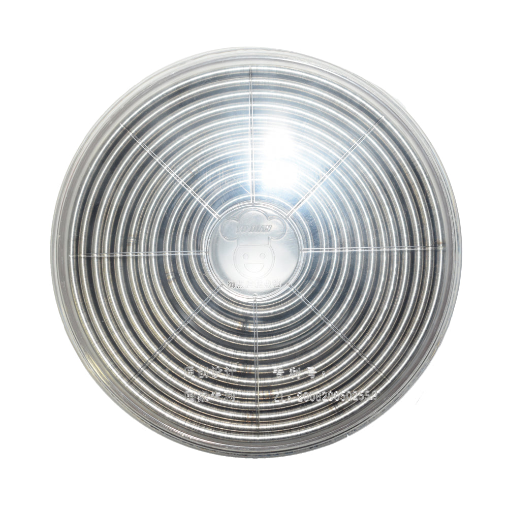 Aerial view of the 12-Piece Round Stainless Steel Cookie Cutter Set with its lid placed on top, on a white background.