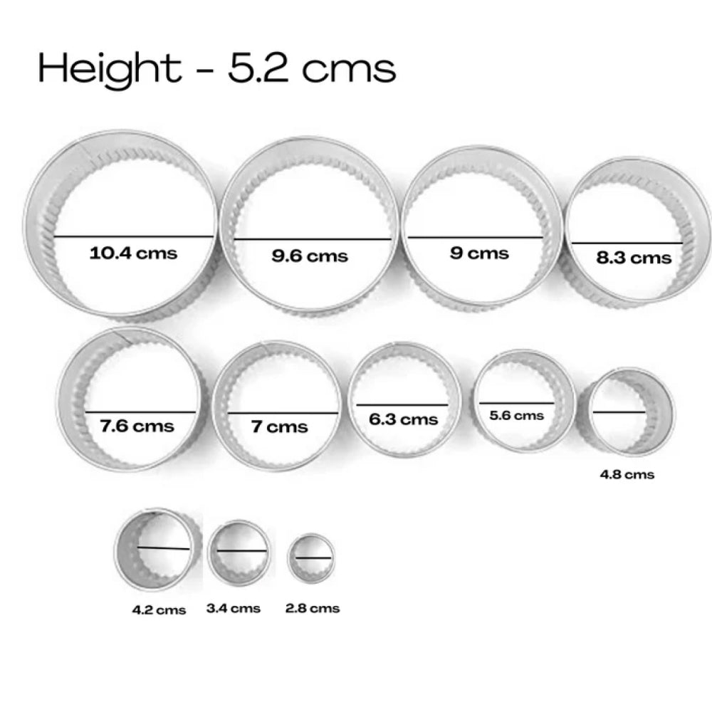 Detailed image showing the individual size measurements of each piece in the 12-Piece Round Stainless Steel Cookie Cutter Set.