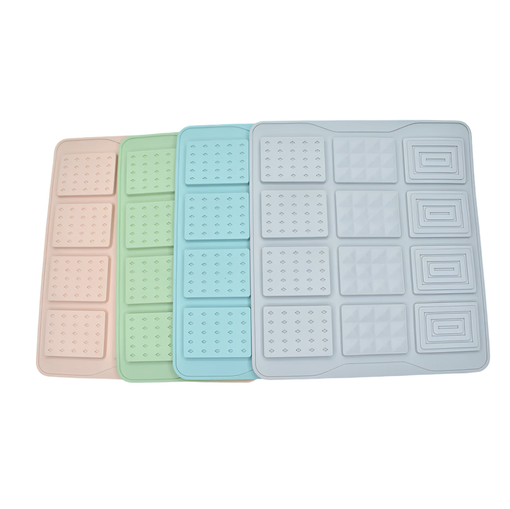12 in 1 Different 3 Designs Chocolate Molds in gray, blue, green, and pink on a white background for clear view