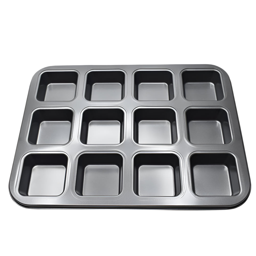 12 in 1 Square Muffin and Cupcake Baking Tray on a white background, showcasing its sleek design and baking capabilities.