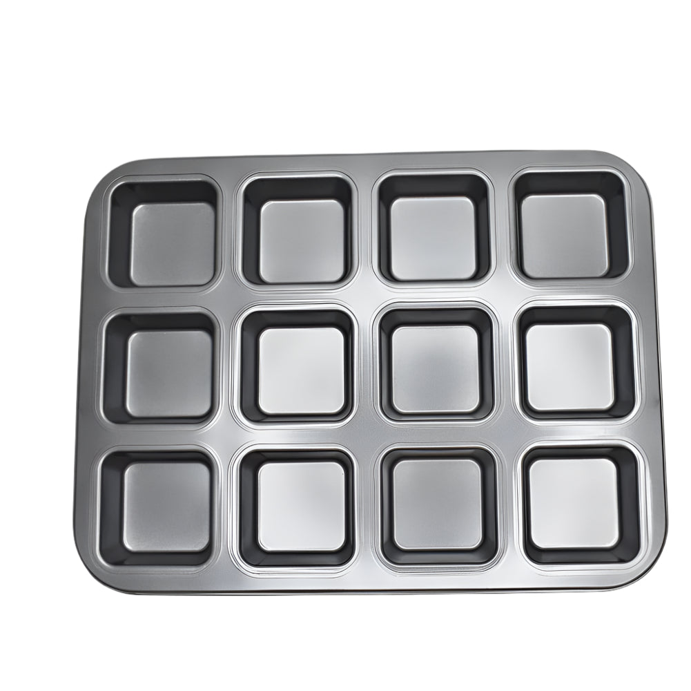 Measurements of the 12 in 1 Square Muffin and Cupcake Baking Tray displayed on a white background, highlighting precise dimensions for bakers.