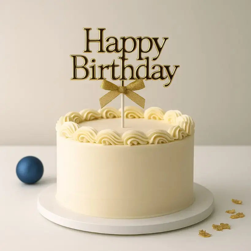 Golden Happy Birthday Topper with Ribbon – Elegant Cake Topper (Pack of 10) TPR202A