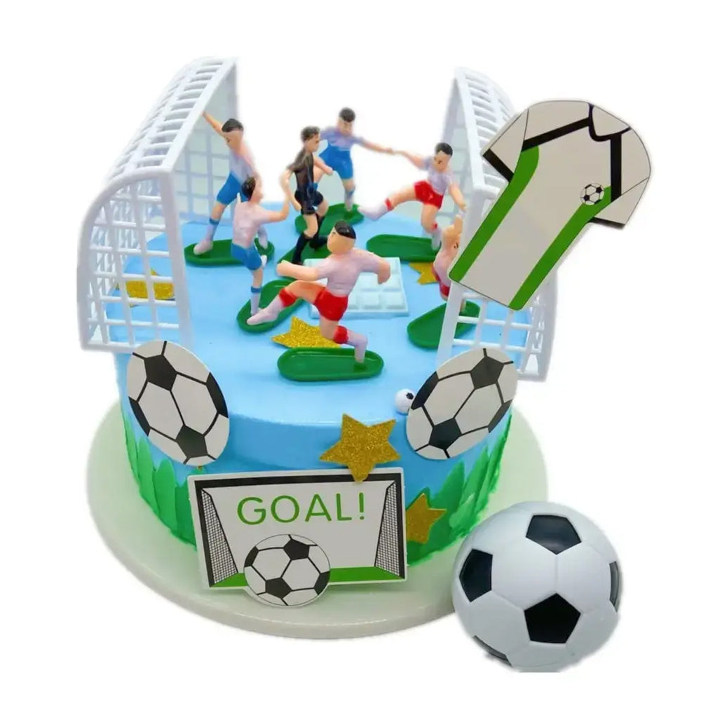 Angled zoomed-in view of Soccer Cake Toppers with size reference on white background