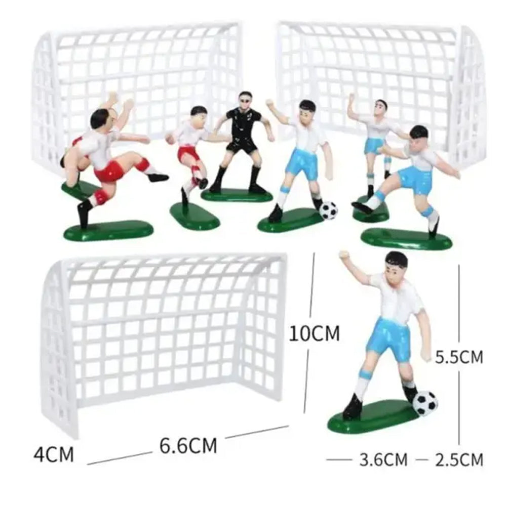 Zoomed-in view of soccer player and goalpost toys from Cake Topper Set on white background