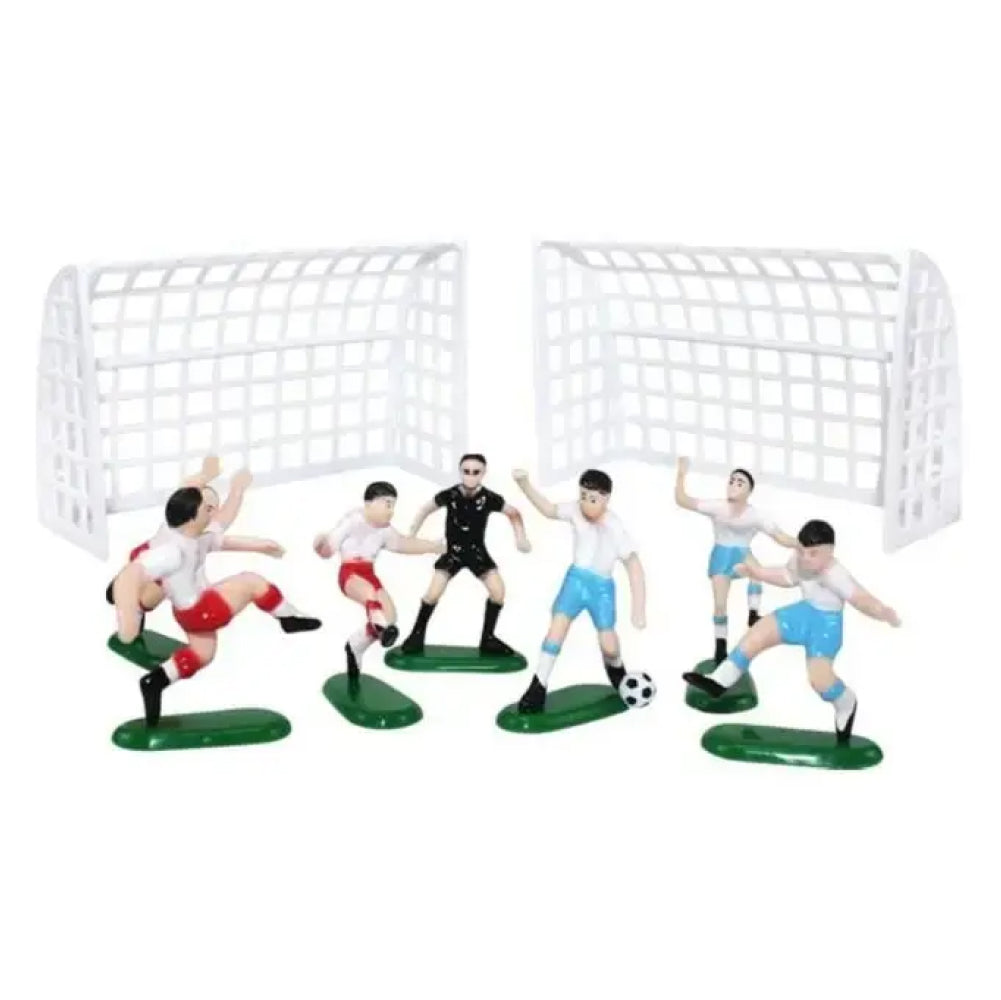 Close-up of 14 Piece Soccer Cake Toy Topper Set arranged on white background