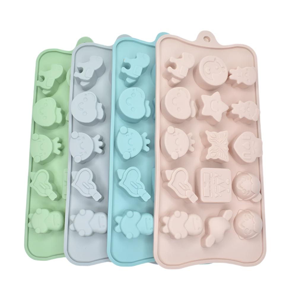 15 in 1 Babies Chocolate Molds in pink, blue, grey, and green stacked on a white background for clear view