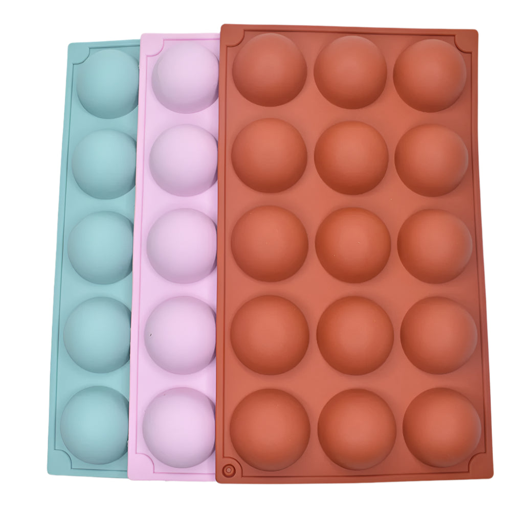 15 in 1 Big Balls Chocolate Molds in brown, pink, and green stacked on a white background, showcasing multiple ball-shaped designs.