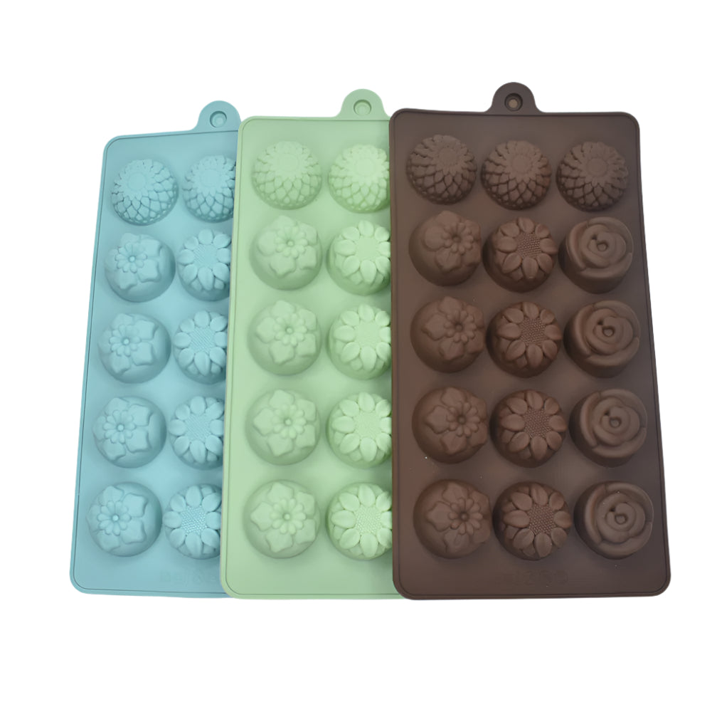 15 in 1 Different Designs Blossom Flower Chocolate Molds in brown, green, and blue stacked on a white background, showcasing various flower shapes.