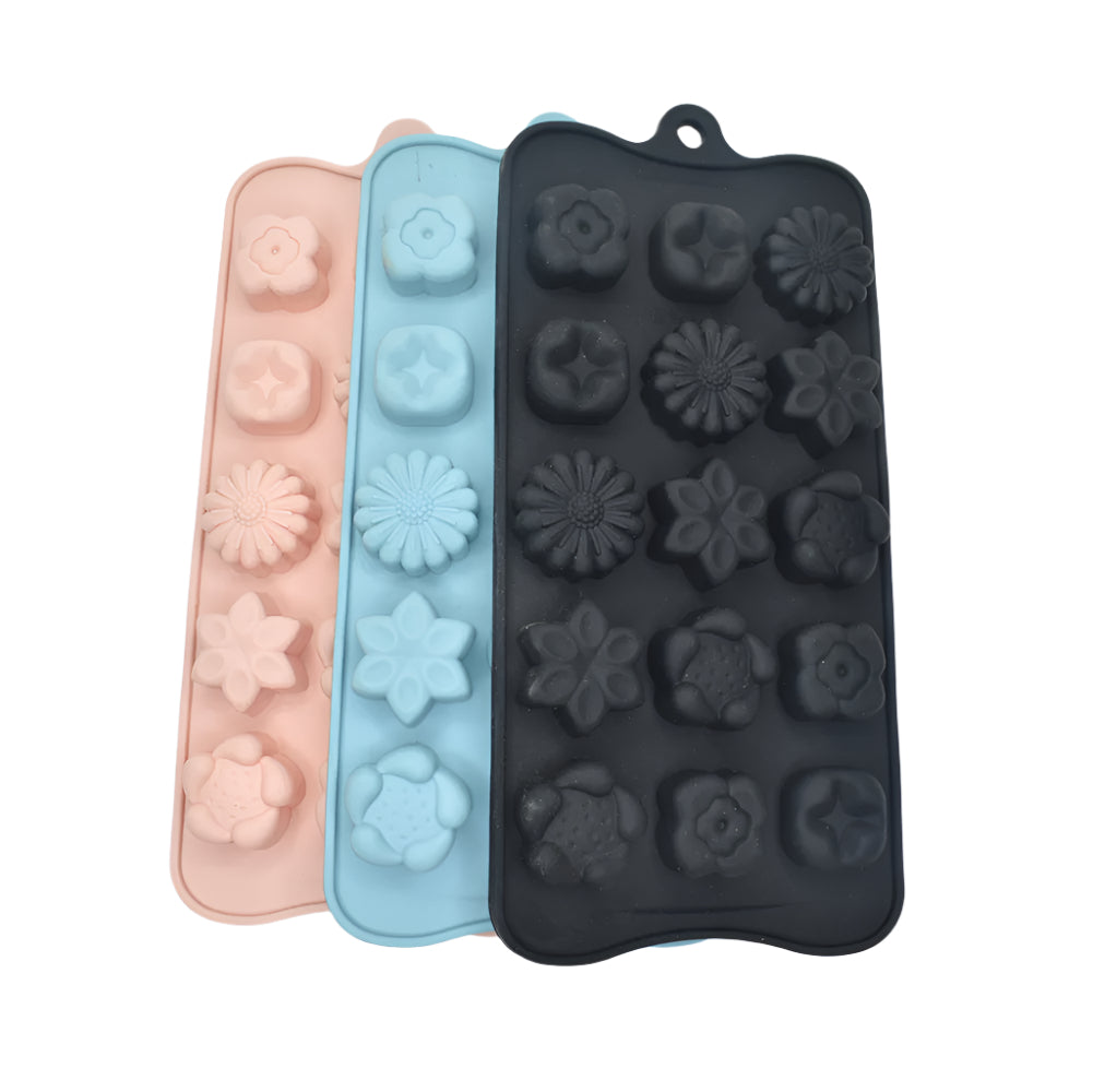 Black, blue, and pink 15 in 1 Different Designs Flowers Chocolate Molds stacked on a white background for a clear view of unique floral patterns.