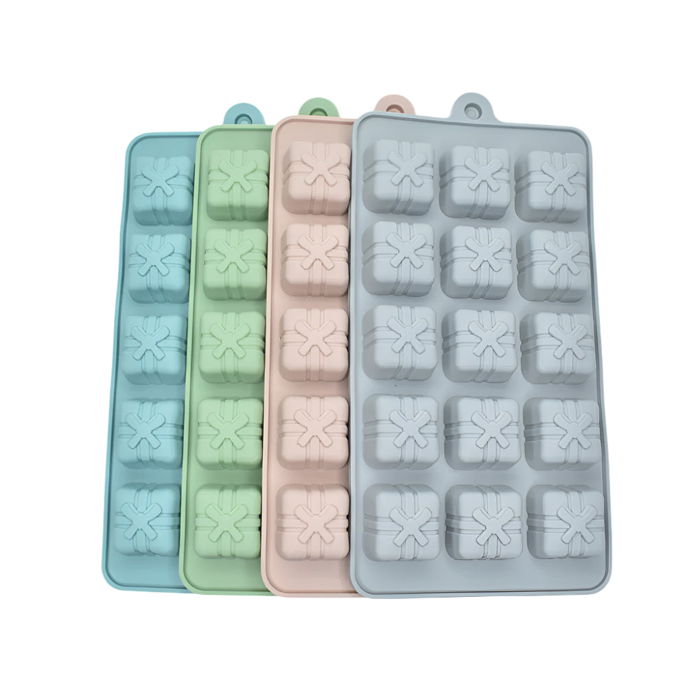 15 in 1 Gift Box Chocolate Molds in grey, red, green, and blue on a white background for clear view