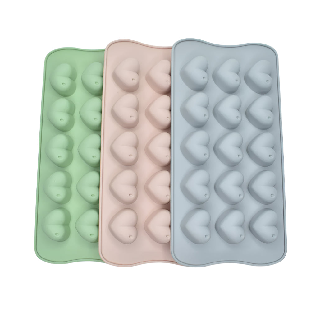 15 in 1 Heart Shaped Chocolate Mold – grey, pink, and green molds stacked on a white background for clear view