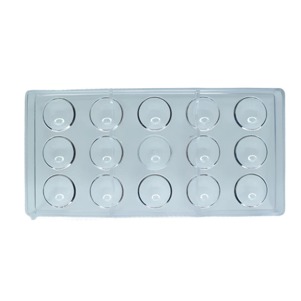 15 in 1 Round Shaped Polycarbonate Chocolate Mold displayed on a clear white background for precise viewing of its shape and features.