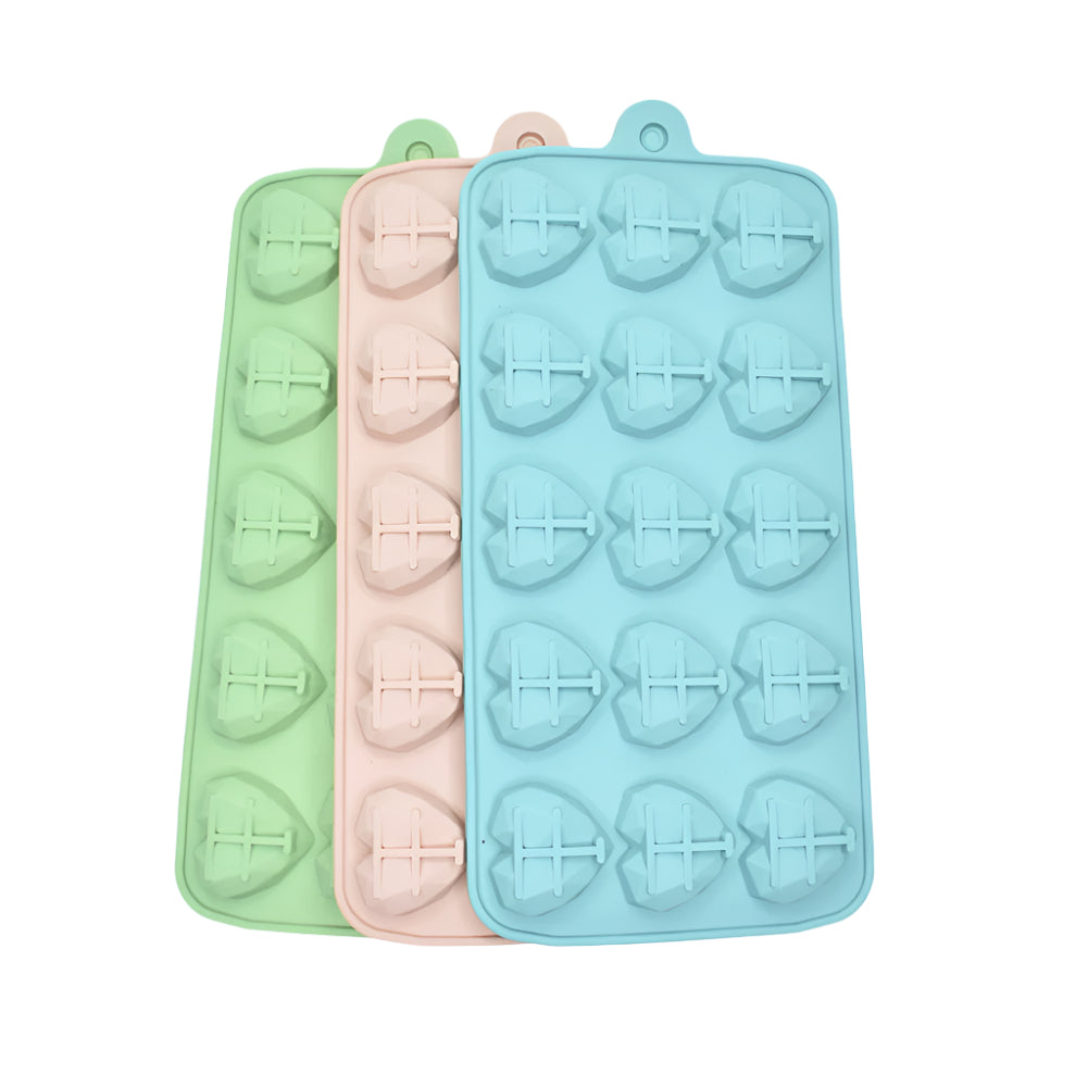 15 in 1 Stitched Heart Chocolate Mold – Blue, Red, and Green molds stacked on a white background for a clear view