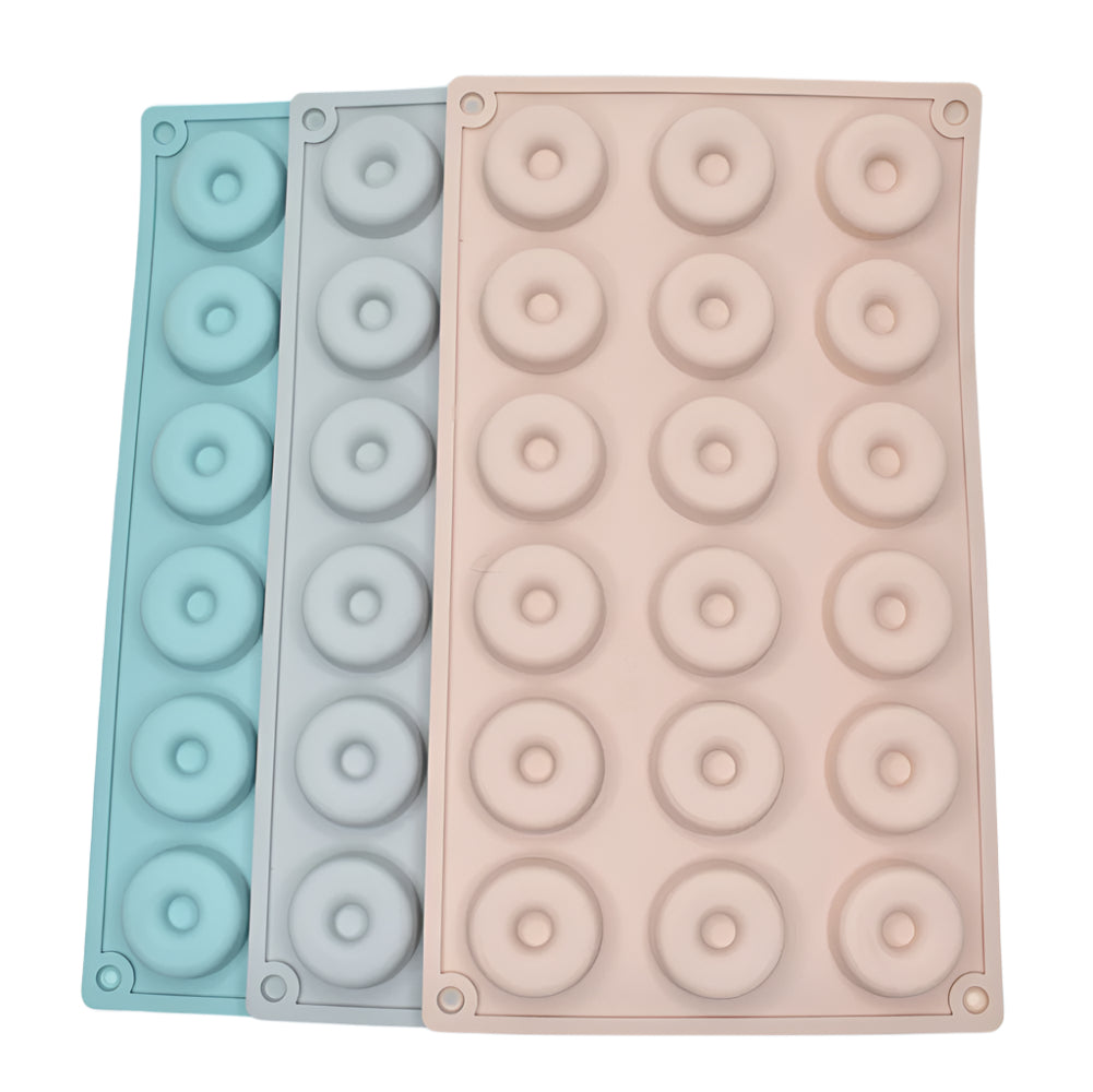 Red, grey, and blue 18 in 1 Small Donuts Chocolate Molds stacked on a white background for clear view.