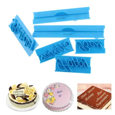 Set of blue silicone molds with text for cake decorating, shown on a white background.