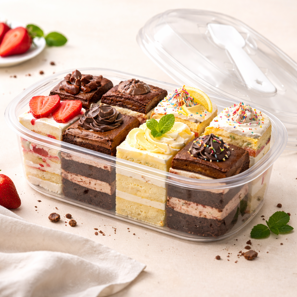 Assorted layered cakes in a clear container on a light surface with strawberries and mint leaves.