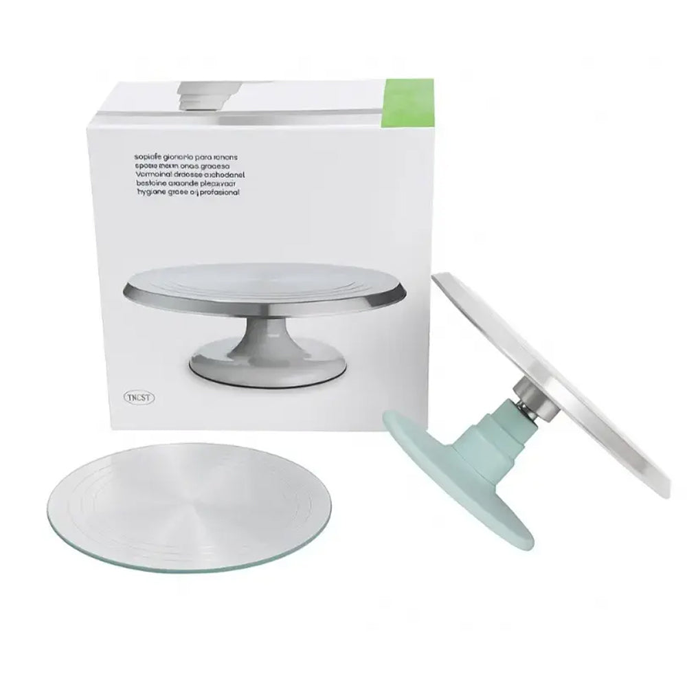 3-Angle Cake Turntable Set with cyan Base and Box Packaging – Heavy-Duty Stainless Steel Decorating Stand for Cakes