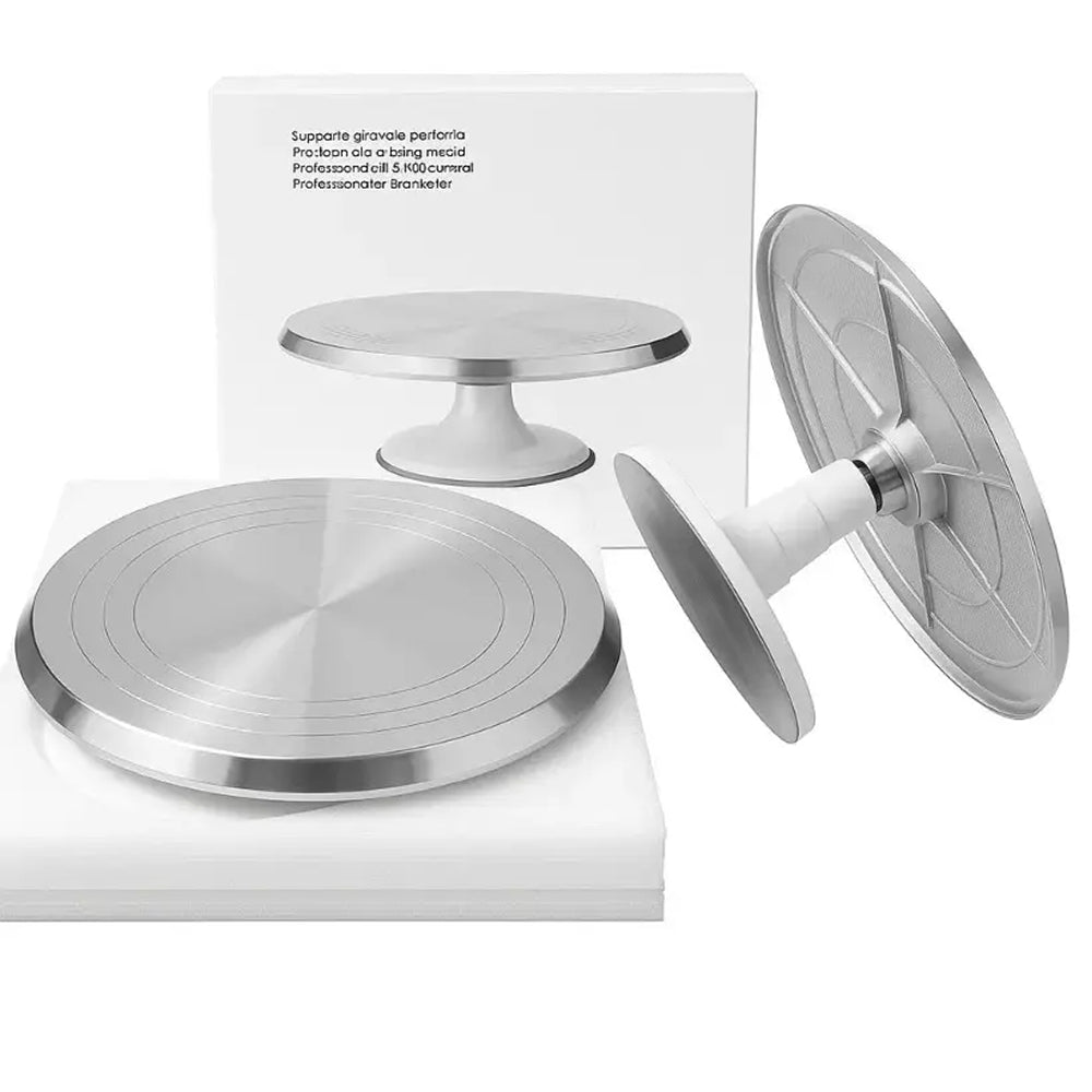 3-Angle Cake Turntable Set with White Base and Box Packaging – Heavy-Duty Stainless Steel Decorating Stand for Cakes