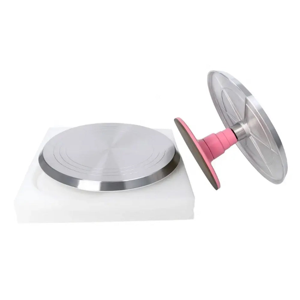 3-Angle Cake Turntable Set with pink Base and Box Packaging – Heavy-Duty Stainless Steel Decorating Stand for Cakes