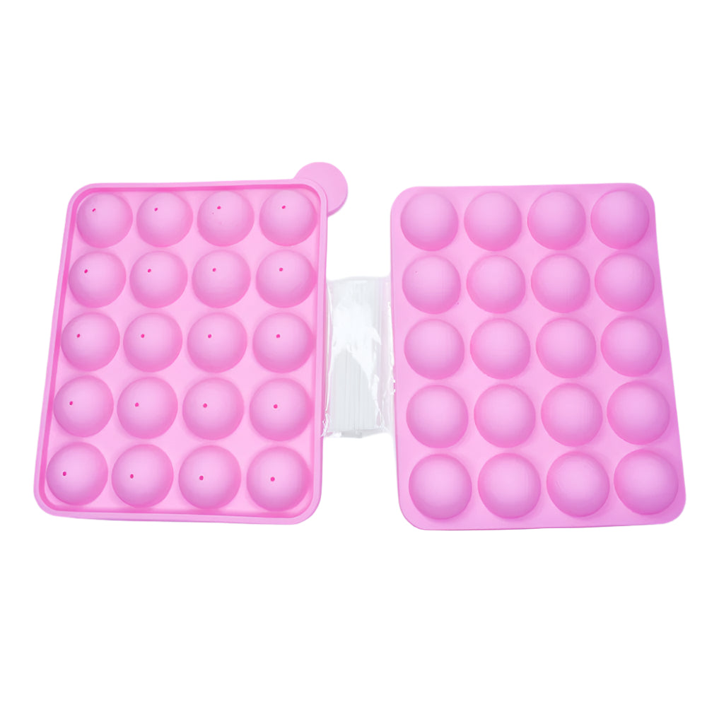 Pink 20 in 1 Round Lollipop Chocolate Mold set, with one mold facing upside, one facing downside, and a packet of lollipop sticks, on a white background.