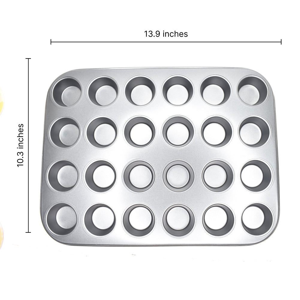 Dimensions of the 24 in 1 Muffin and Cupcake Baking Tray shown on a white background.