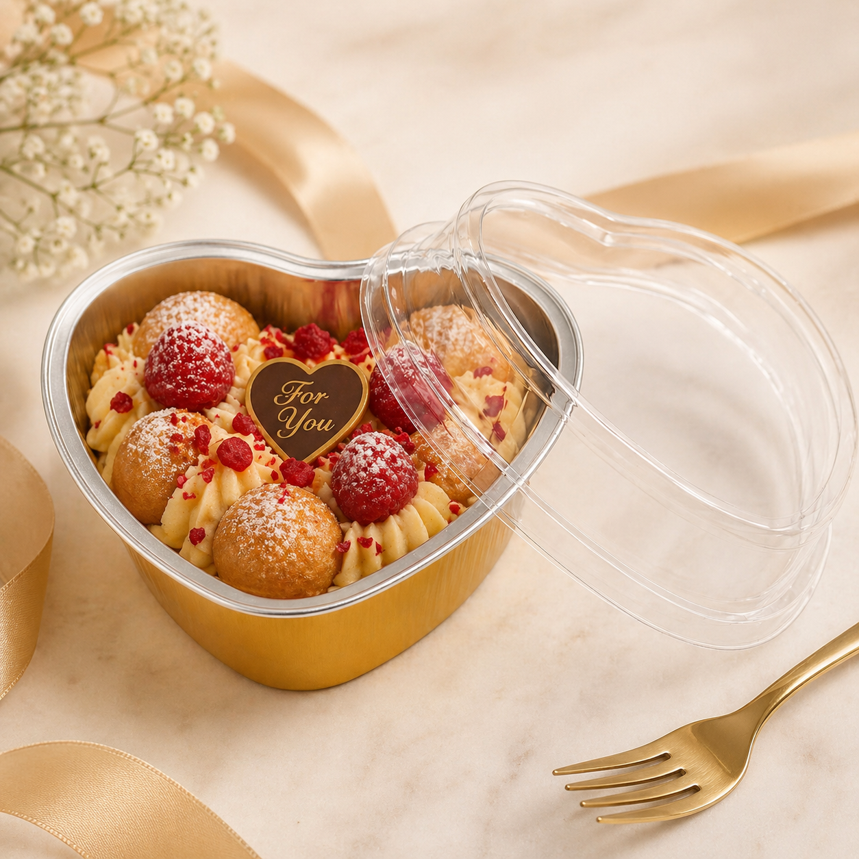 Heart-shaped container with pastries and a heart-shaped 'For You' card on a marble surface.