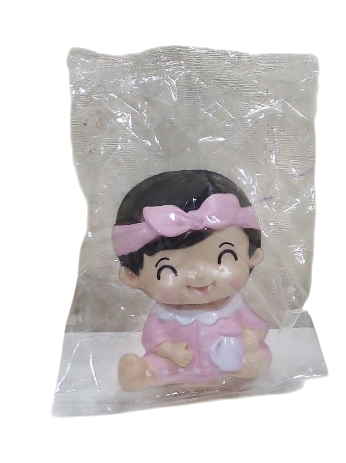 Cute Baby Cake Topper with Feeding Bottle girl with a pink bow in a transparent plastic bag