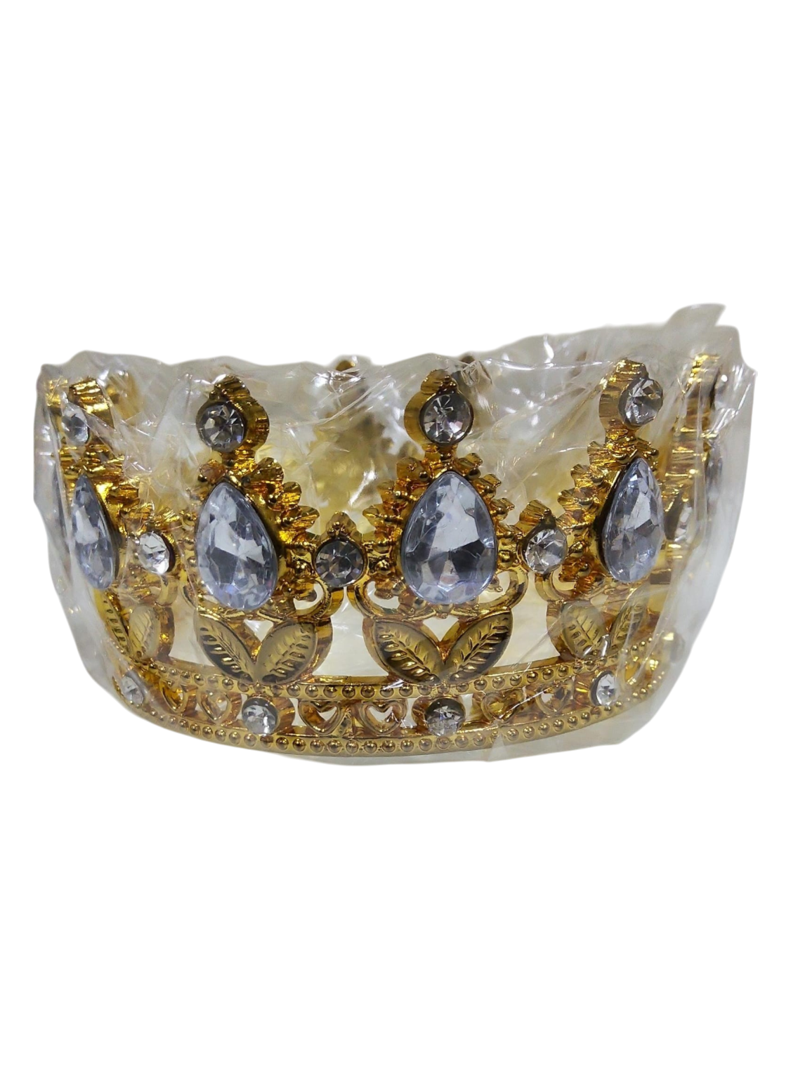 Decorative gold Crown in Transparent  Packing and Silver stones on a white background