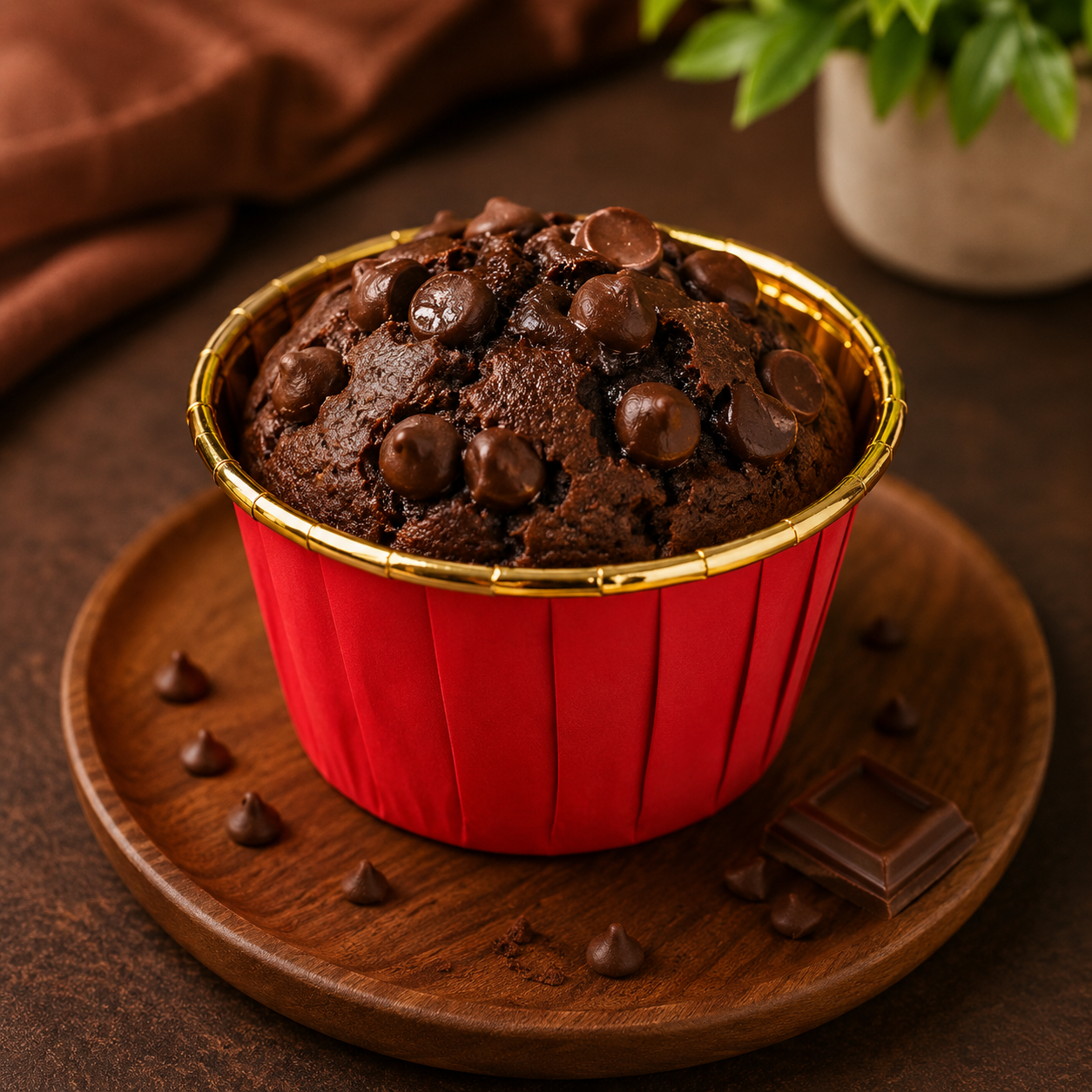 Chocolate muffin with chocolate chips in a red cup on a wooden plate.